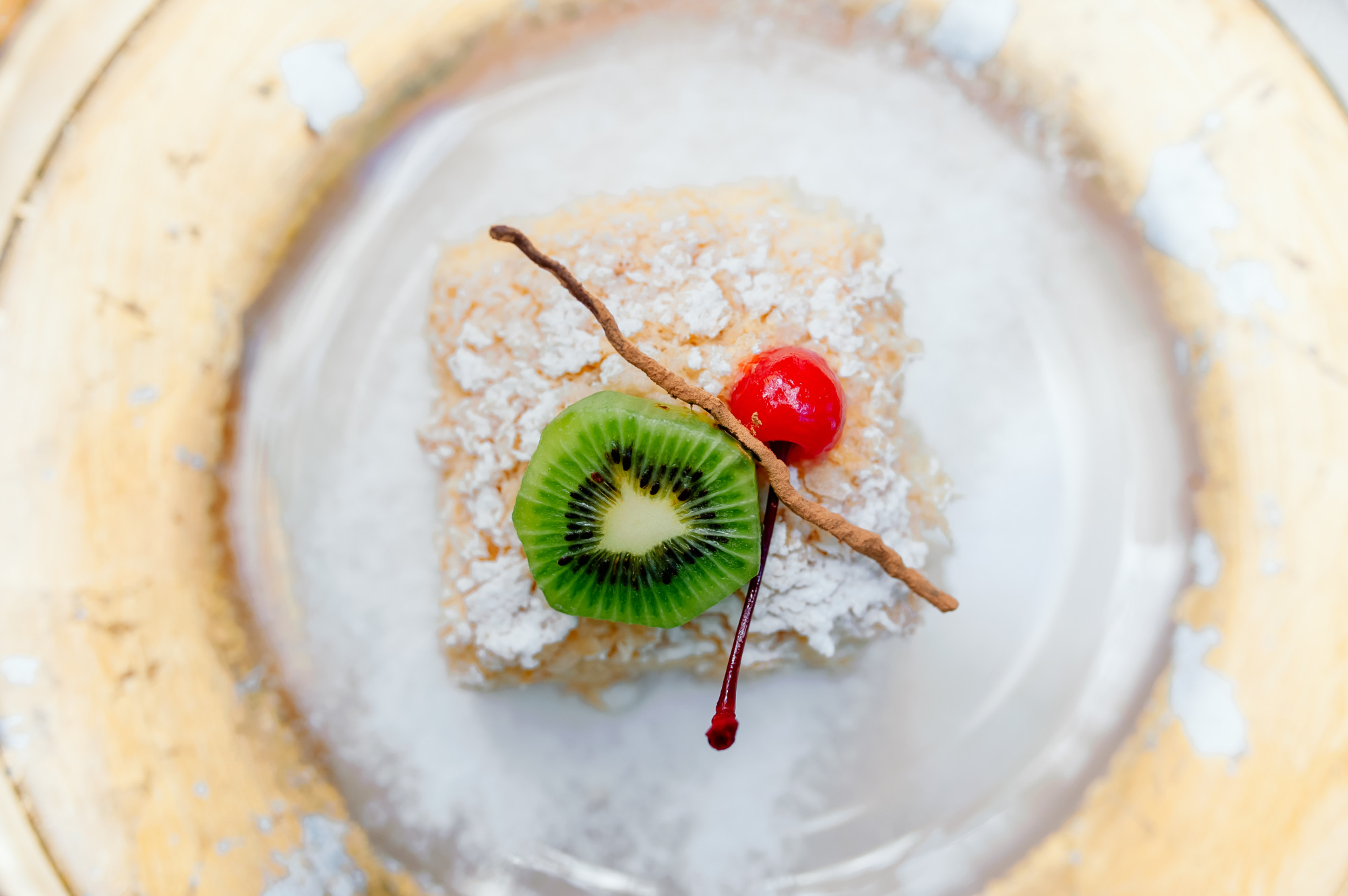Close-up of plated dessert with texture detail