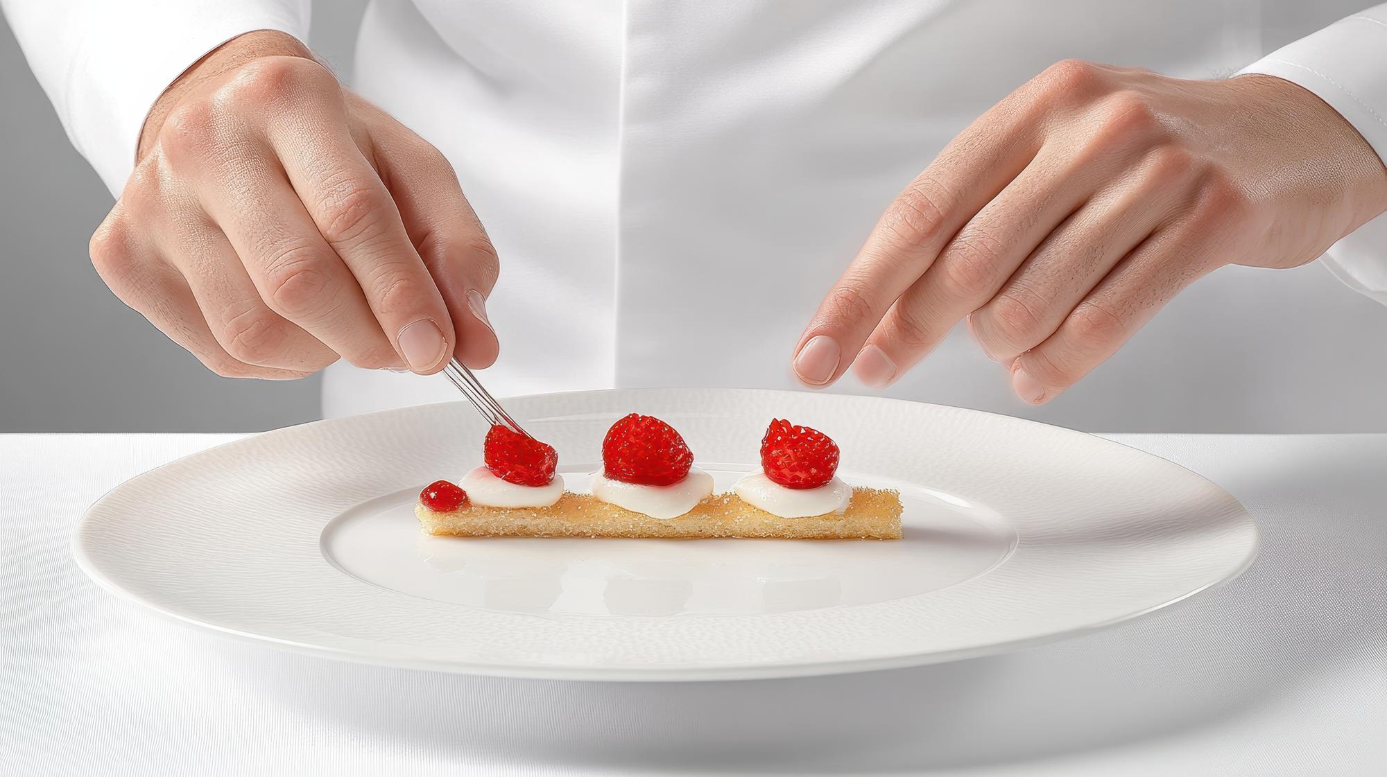Chef arranging plated dish in bright kitchen